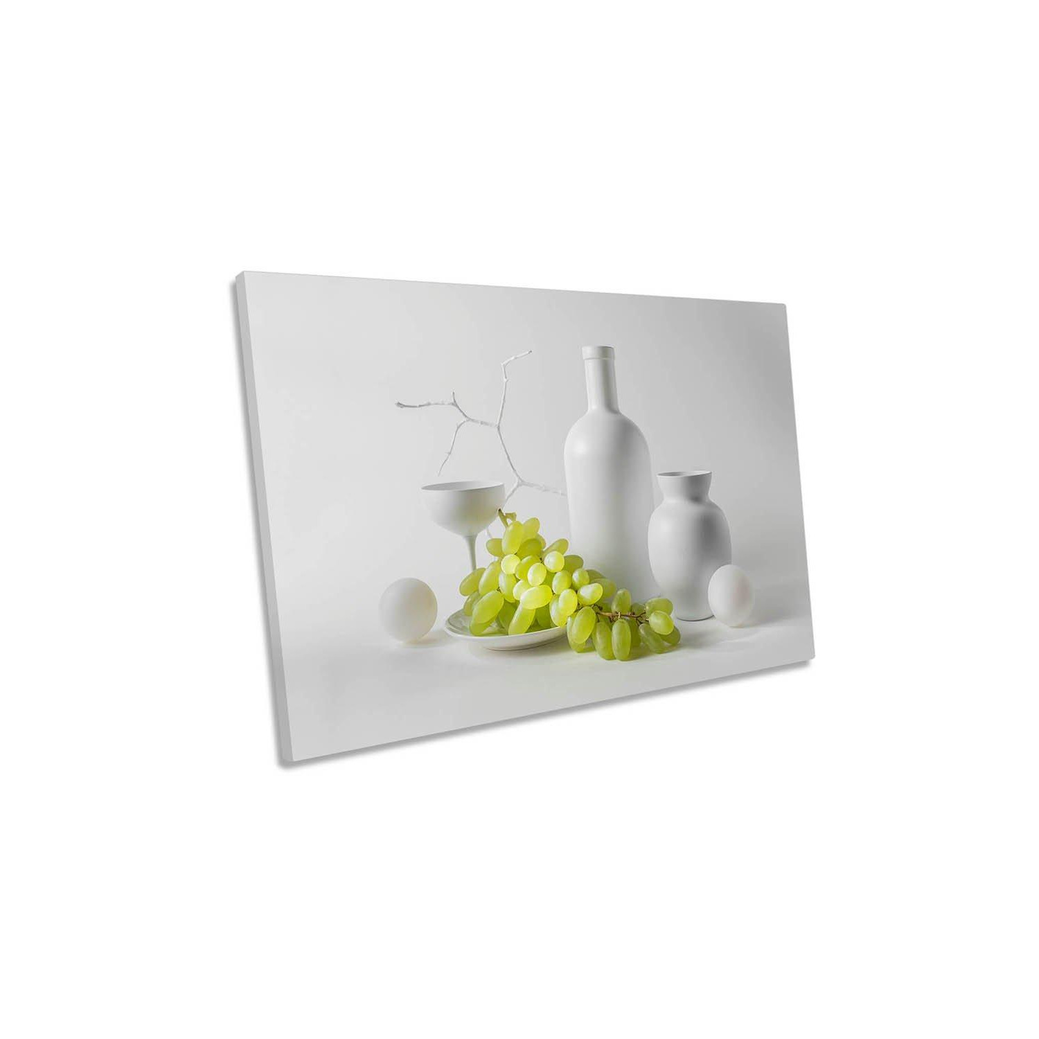 White Vase and Green Grapes Still Life Kitchen Canvas Wall Art Picture Print - image 1
