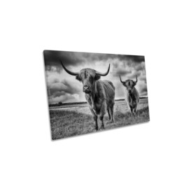 Highland Cows Countryside Black and White Canvas Wall Art Picture Print