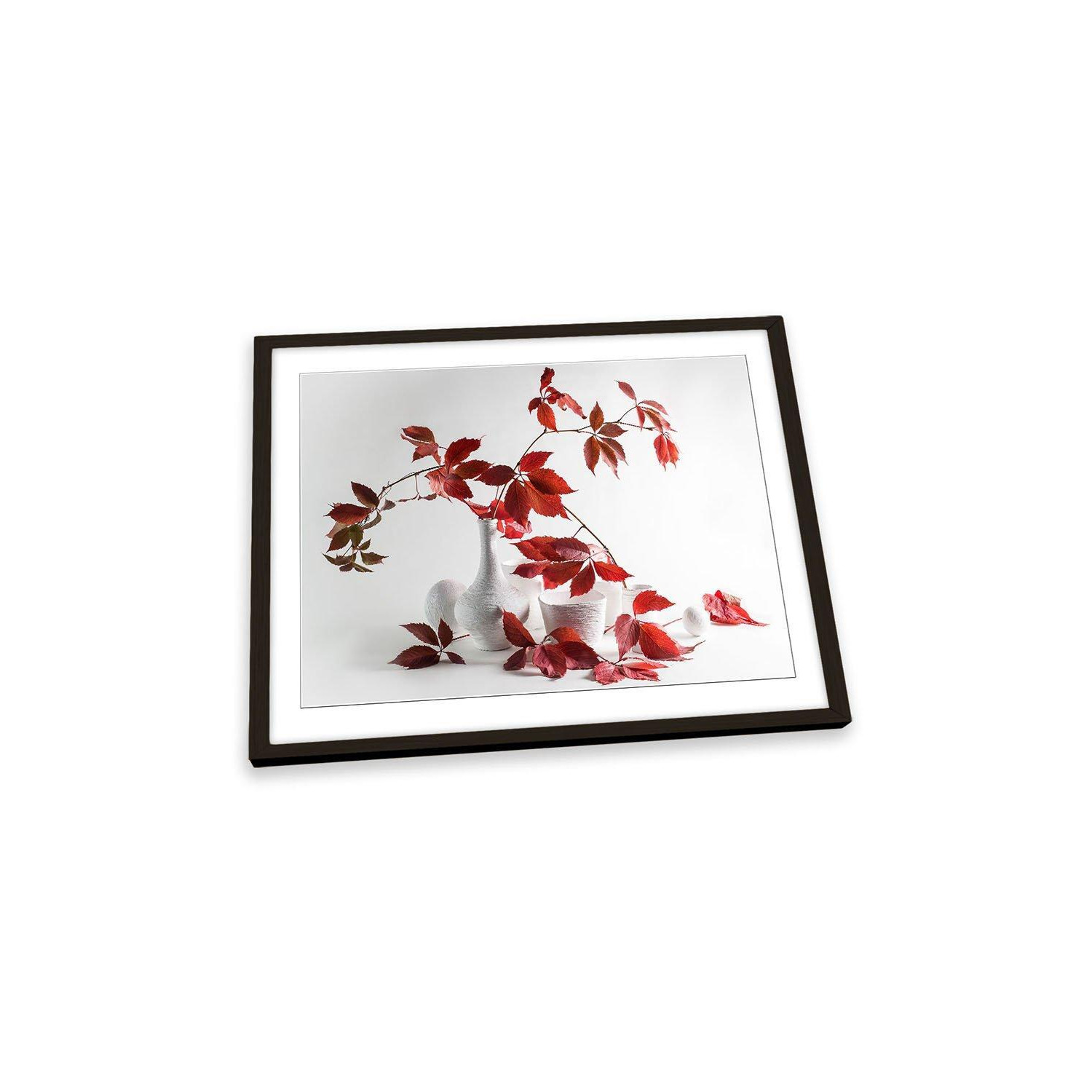 Red and White Leaves Vase Floral Framed Art Print Picture Wall Artwork - (W)47cm x (H)35cm - image 1