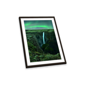 Green Night Northern Lights Waterfall Framed Art Print Picture Wall Artwork - (W)35cm x (H)47cm