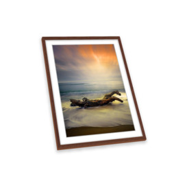 Morning Light Driftwood Sunset Beach Orange Framed Art Print Picture Wall Artwork - (W)26cm x (H)35cm