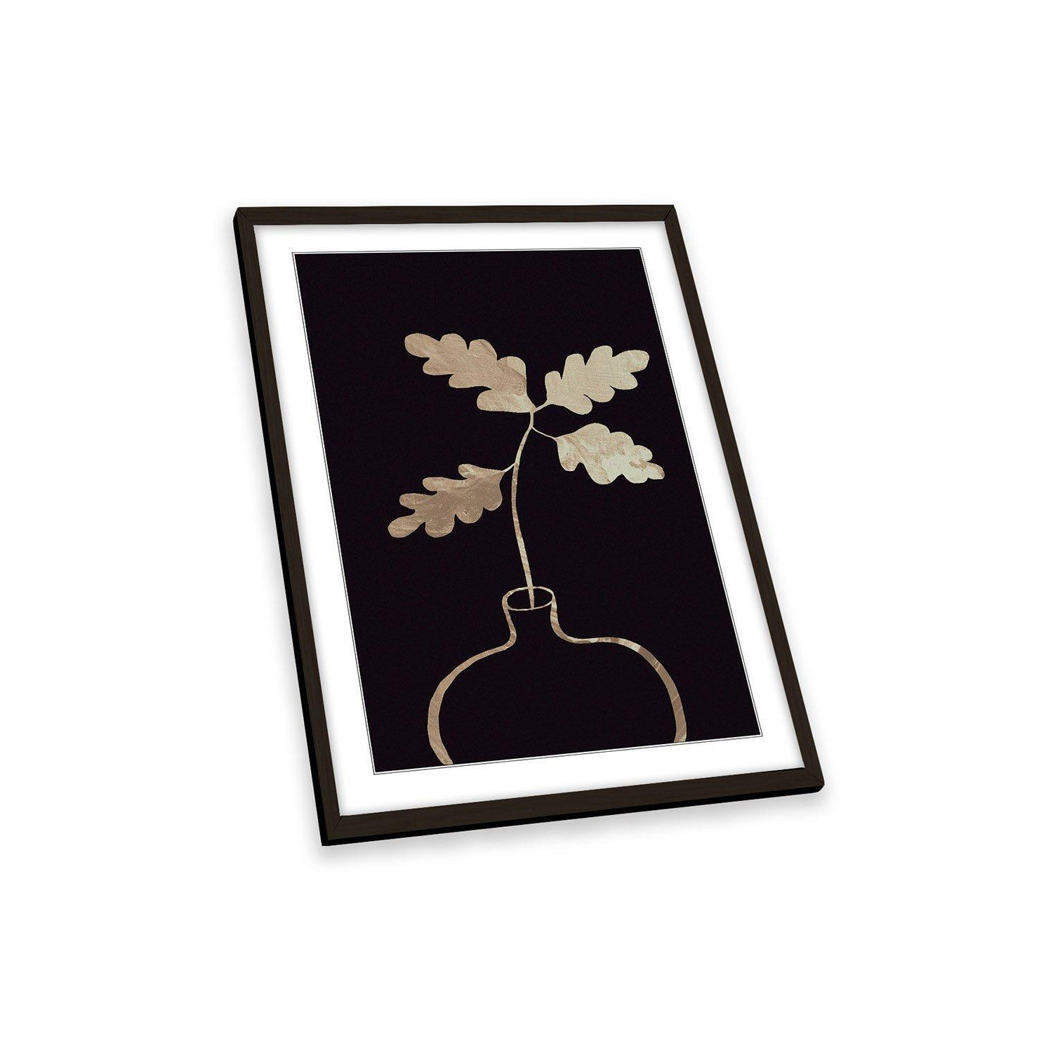 Leaves in Gold Vase Black Background Framed Art Print Picture Wall Artwork - (W)26cm x (H)35cm - image 1