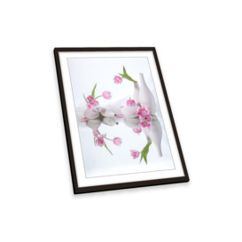 Pink Flowers Still Life Spa White Vases Framed Art Print Picture Wall Artwork - (W)26cm x (H)35cm