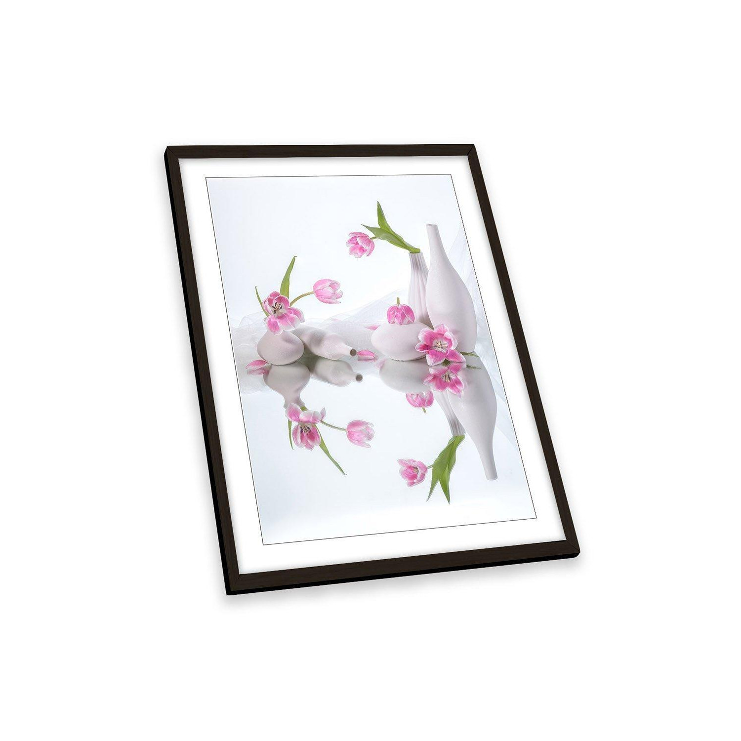 Pink Flowers Still Life Spa White Vases Framed Art Print Picture Wall Artwork - (W)64cm x (H)89cm - image 1