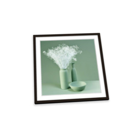 Green Still Life Floral Vase Bowl Framed Art Print Picture Square Wall Artwork - (H)25cm x (W)25cm - thumbnail 1
