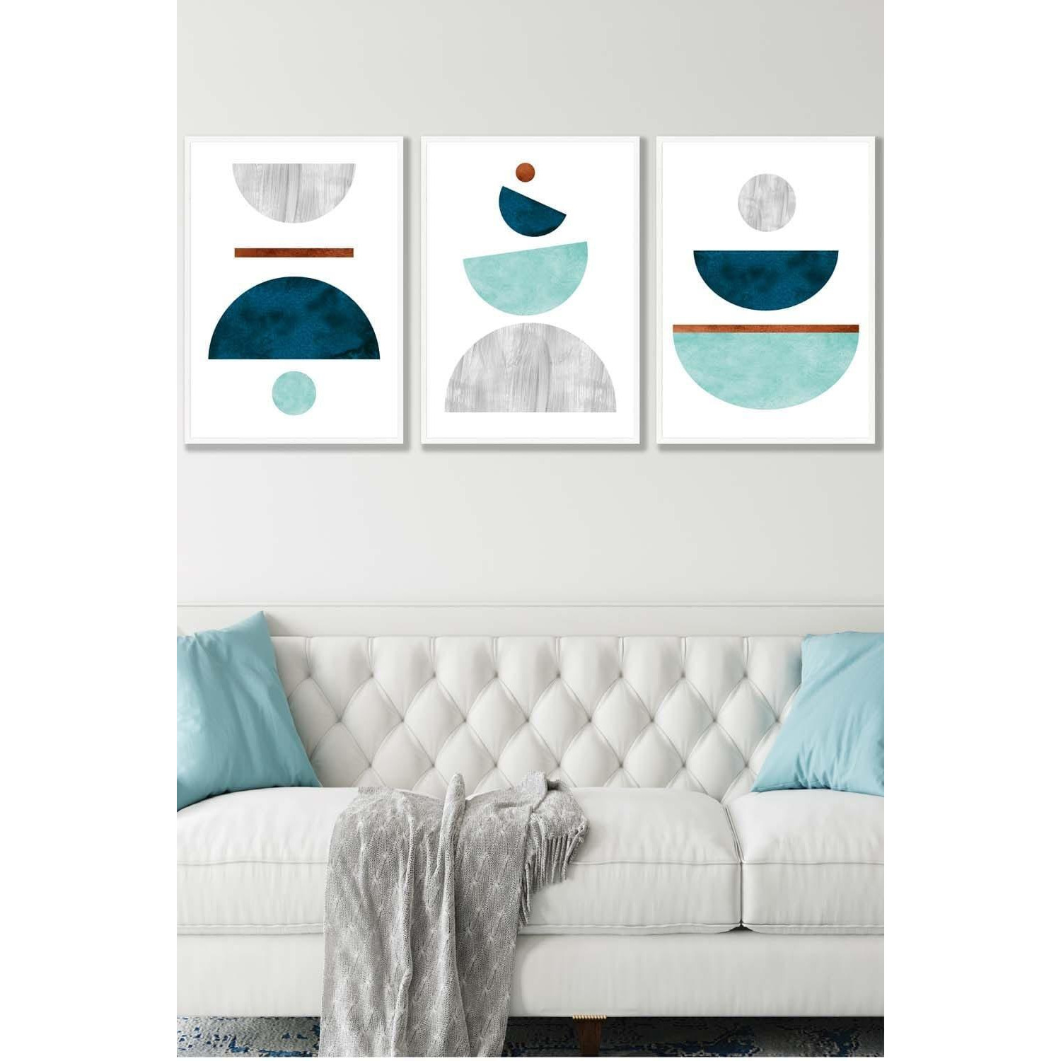 Teal, Mint Green and Grey Abstract Mid Century Geometric Framed Wall Art - Large - image 1