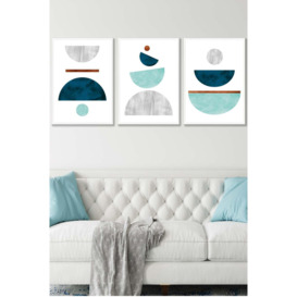 Teal, Mint Green and Grey Abstract Mid Century Geometric Framed Wall Art - Large