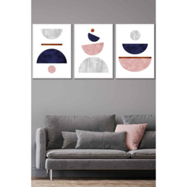 Navy, Pink and Grey Abstract Mid Century Geometric Framed Wall Art - Large