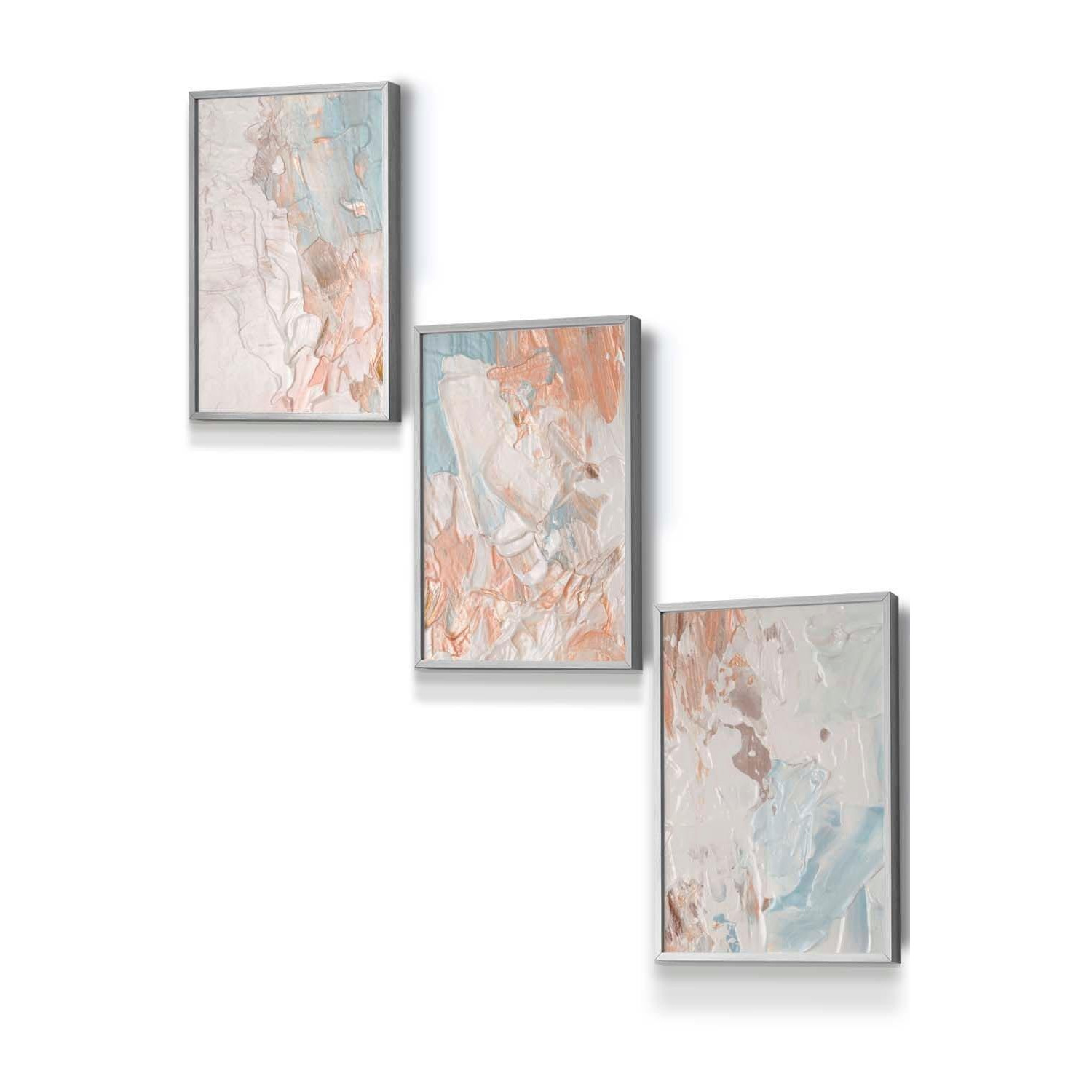 Set of 3 Light Grey Framed Abstract Oil in Pastel Blue Ivory and Peach Wall Art - image 1