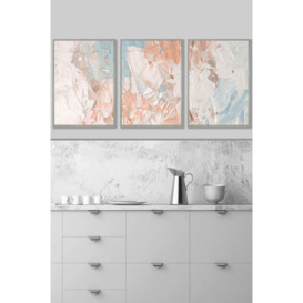 Set of 3 Light Grey Framed Abstract Oil in Pastel Blue Ivory and Peach Wall Art