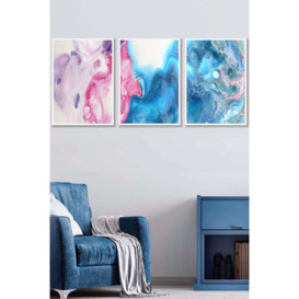 Set of 3 White Framed Abstract Fluid Marble in Blue and Pink Wall Art