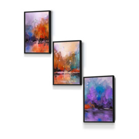 Set of 3 Black Framed Abstract Purple Orange Violet Dawn Wall Art