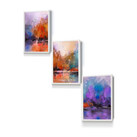 Set of 3 White Framed Abstract Purple Orange Violet Dawn Wall Art