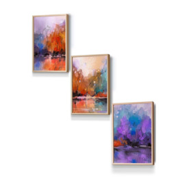 Set of 3 Oak Framed Abstract Purple Orange Violet Dawn Wall Art