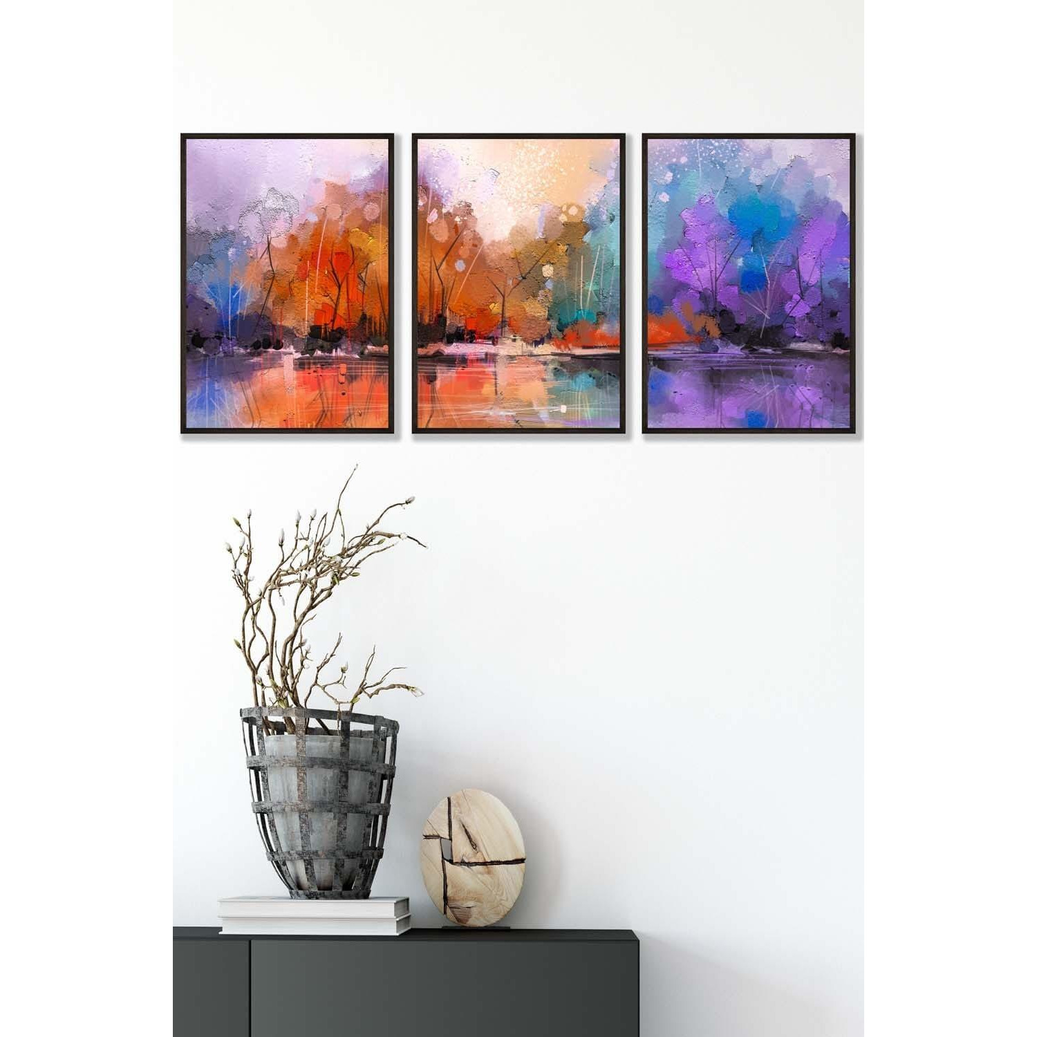 Set of 3 Black Framed Abstract Purple Orange Violet Dawn Wall Art - image 1