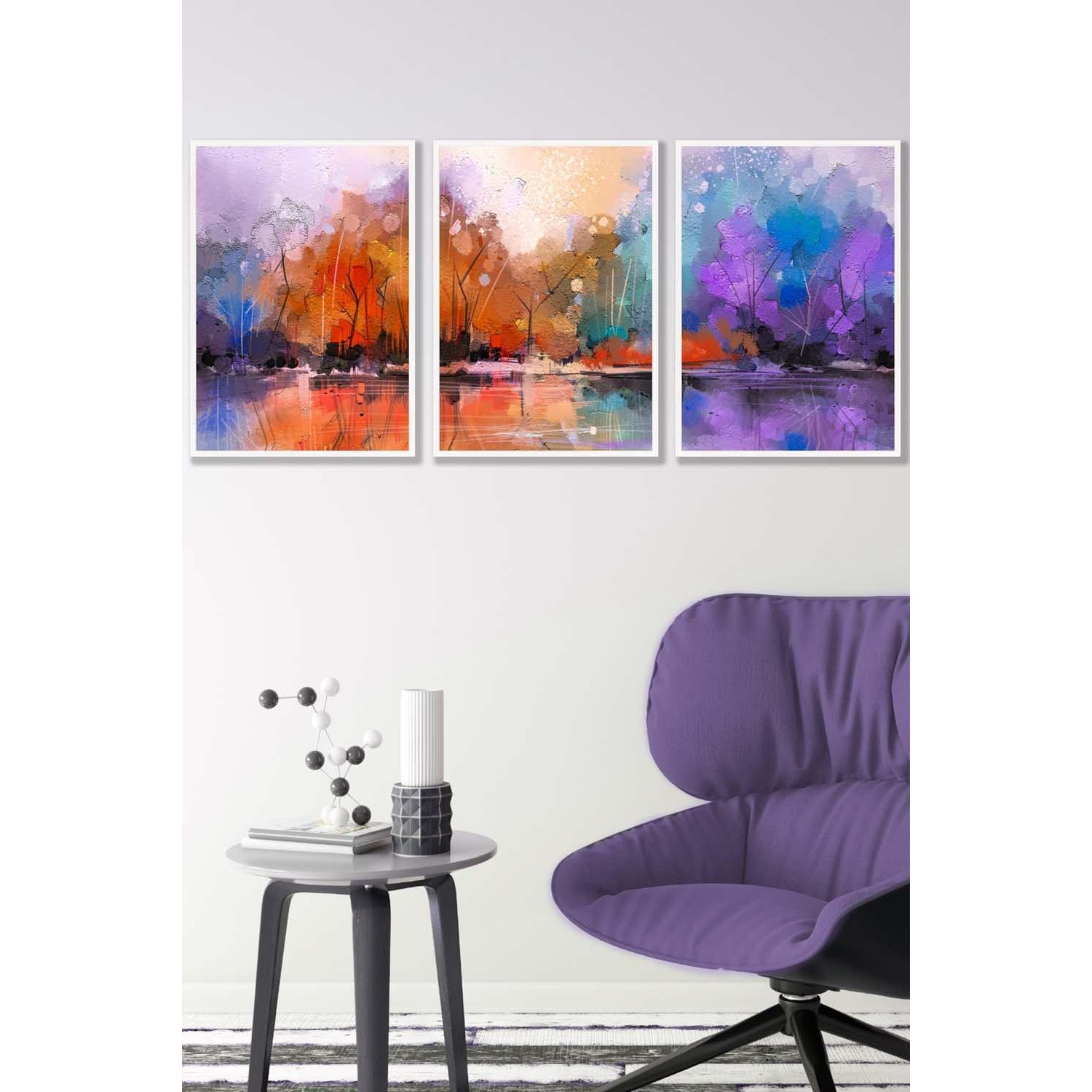 Set of 3 White Framed Abstract Purple Orange Violet Dawn Wall Art - image 1