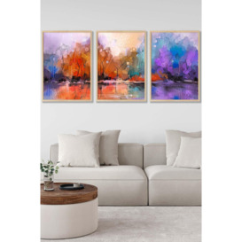Set of 3 Oak Framed Abstract Purple Orange Violet Dawn Wall Art