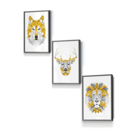 Geometric Yellow Grey Animal Heads Framed Wall Art - Small