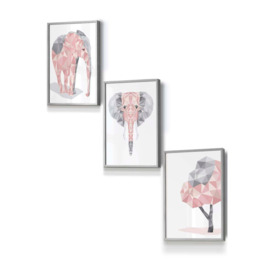 Geometric Pink Grey Elephant Set Framed Wall Art - Small