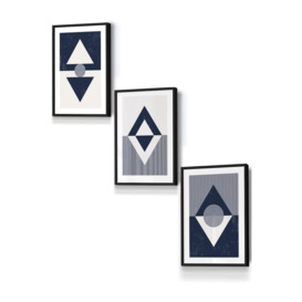 Set of 3 Black Framed Mid Century Geometric Navy Blue Diamonds Wall Art