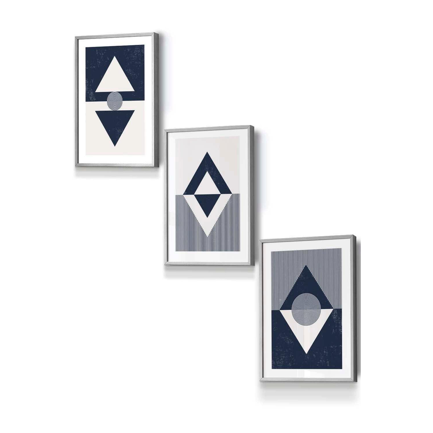 Set of 3 Light Grey Framed Mid Century Geometric Navy Blue Diamonds Wall Art - image 1