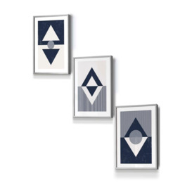 Set of 3 Light Grey Framed Mid Century Geometric Navy Blue Diamonds Wall Art - thumbnail 1