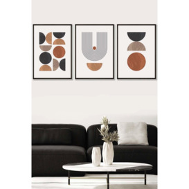 Set of 3 Black Framed Mid Century Geometric in Black and Brown Wall Art
