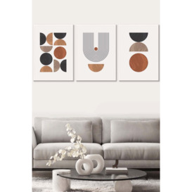 Set of 3 White Framed Mid Century Geometric in Black and Brown Wall Art