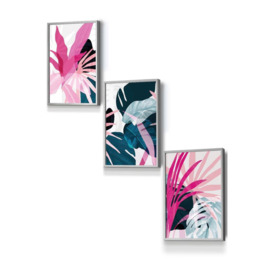 Set of 3 Light Grey Framed Abstract Pink and Blue Tropical Triptych Wall Art - thumbnail 1