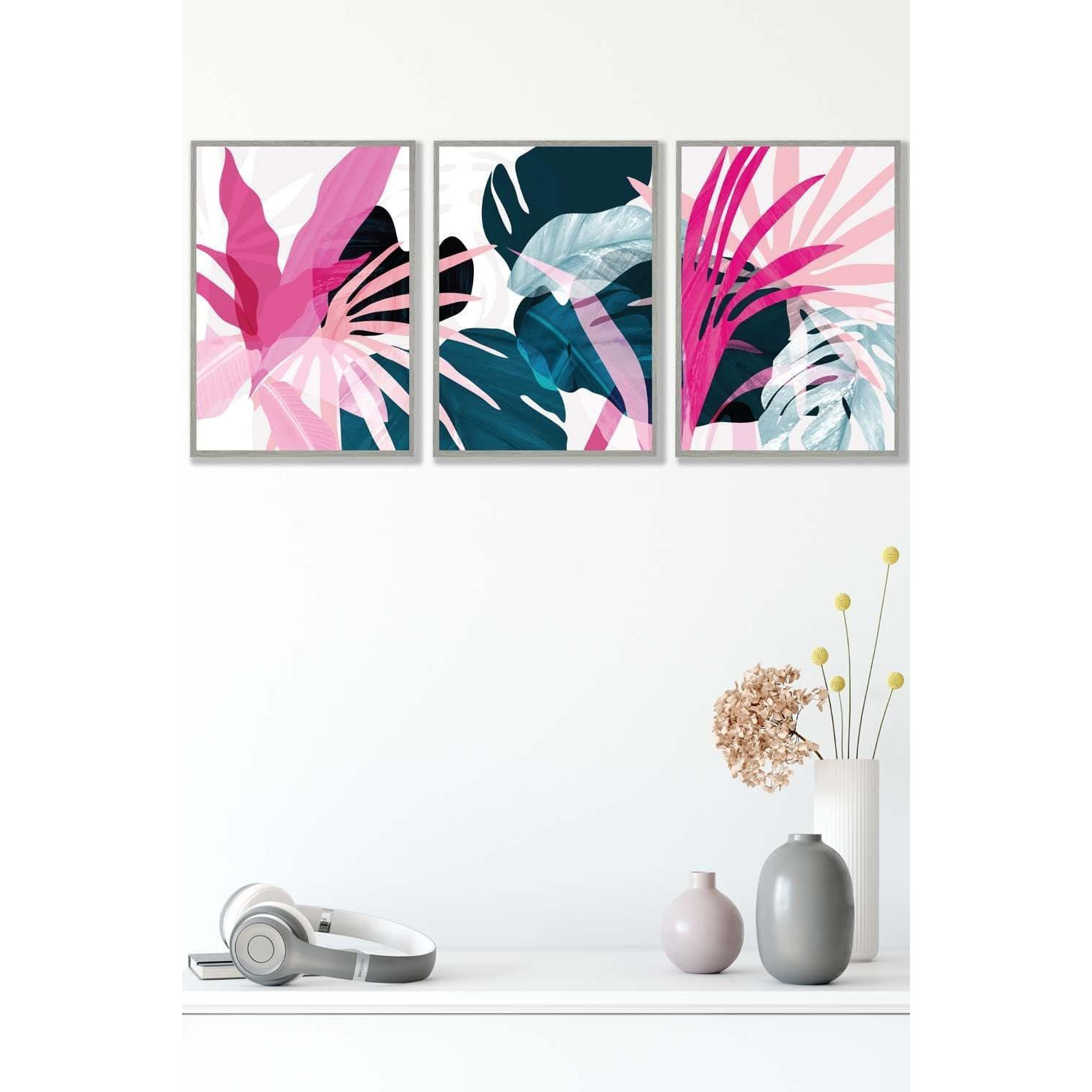 Set of 3 Light Grey Framed Abstract Pink and Blue Tropical Triptych Wall Art - image 1