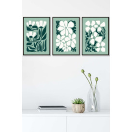 Set of 3 Black Framed  Green and White Boho Abstract Floral Wall Art