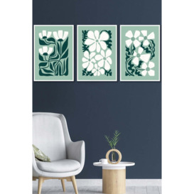 Set of 3 White Framed  Green and White Boho Abstract Floral Wall Art