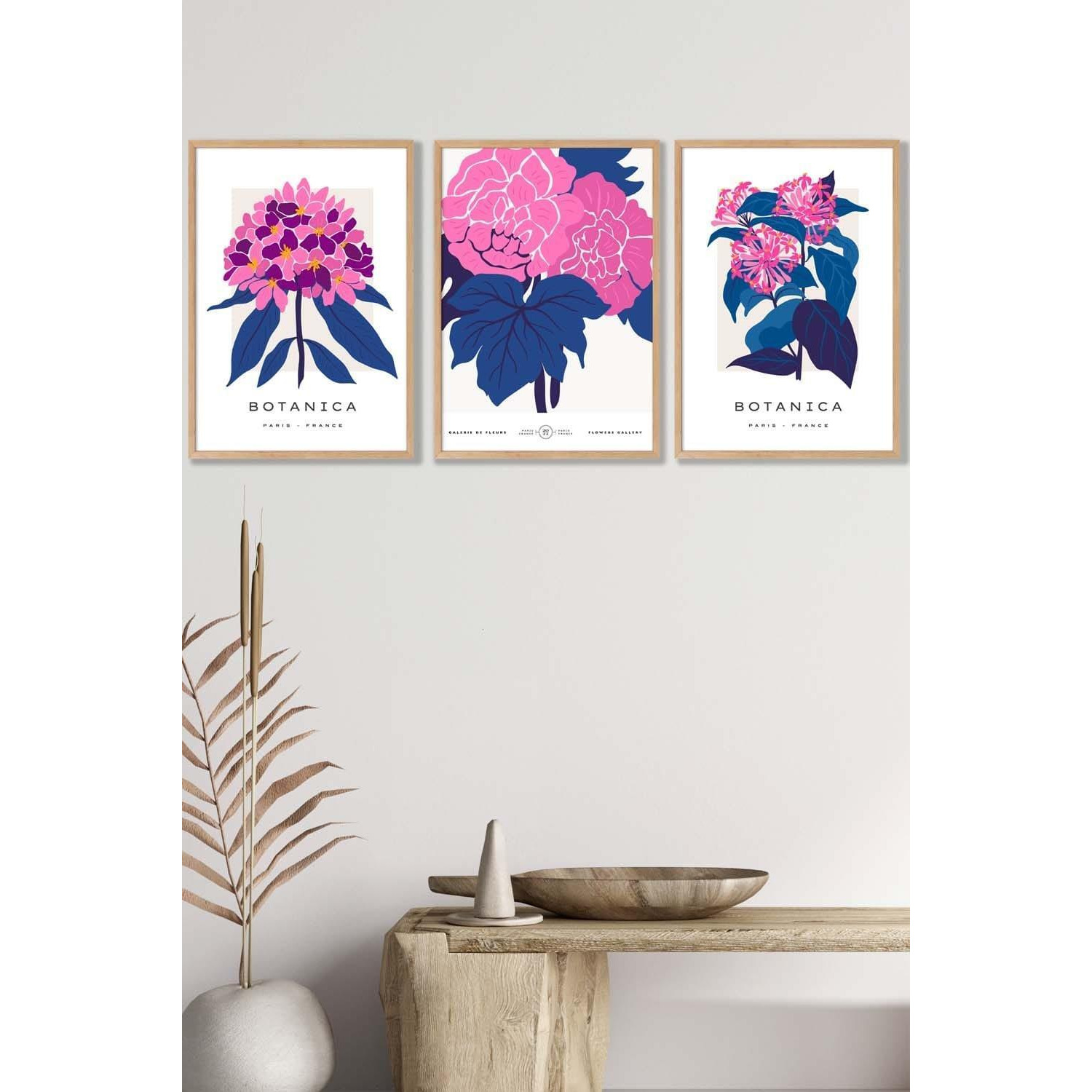 Set of 3 Oak Framed Pink and Navy Blue Flower Market Posies Wall Art - image 1