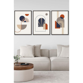 Set of 3 Black Framed Mid Century Terracotta, Beige and Navy Blue Arches Wall Art