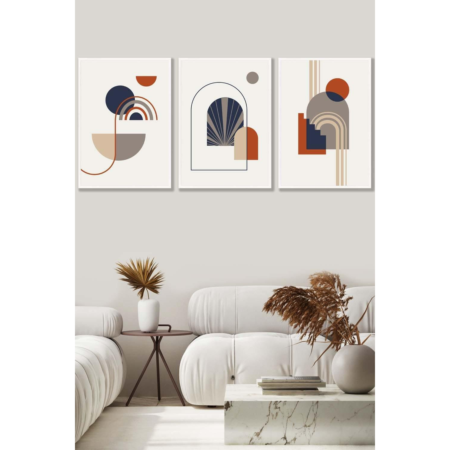 Set of 3 White Framed Mid Century Terracotta, Beige and Navy Blue Arches Wall Art - image 1
