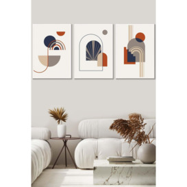 Set of 3 White Framed Mid Century Terracotta, Beige and Navy Blue Arches Wall Art - thumbnail 1