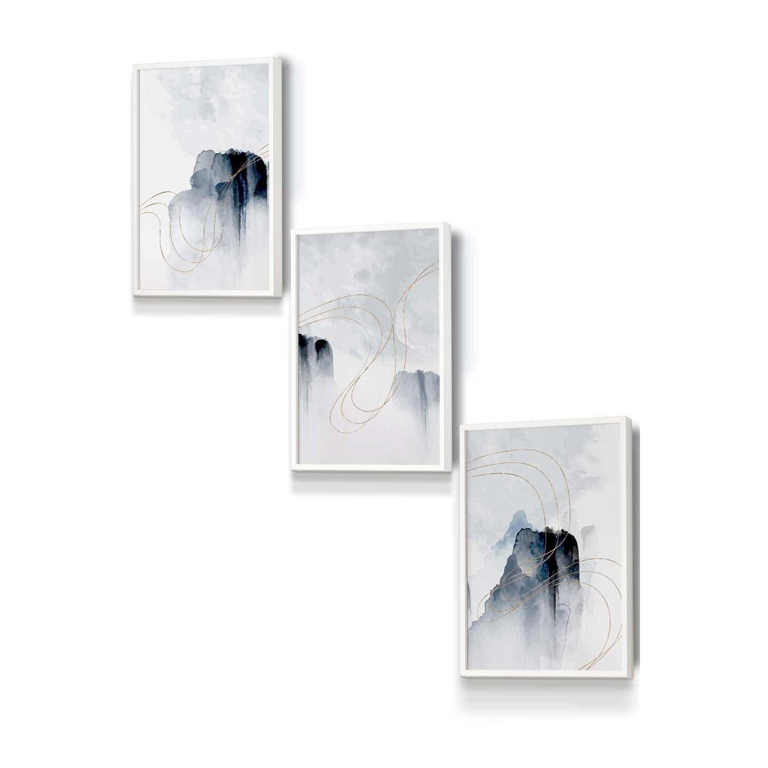 Set of 3 White Framed Abstract Minimal Navy and White Cliffs Wall Art - image 1