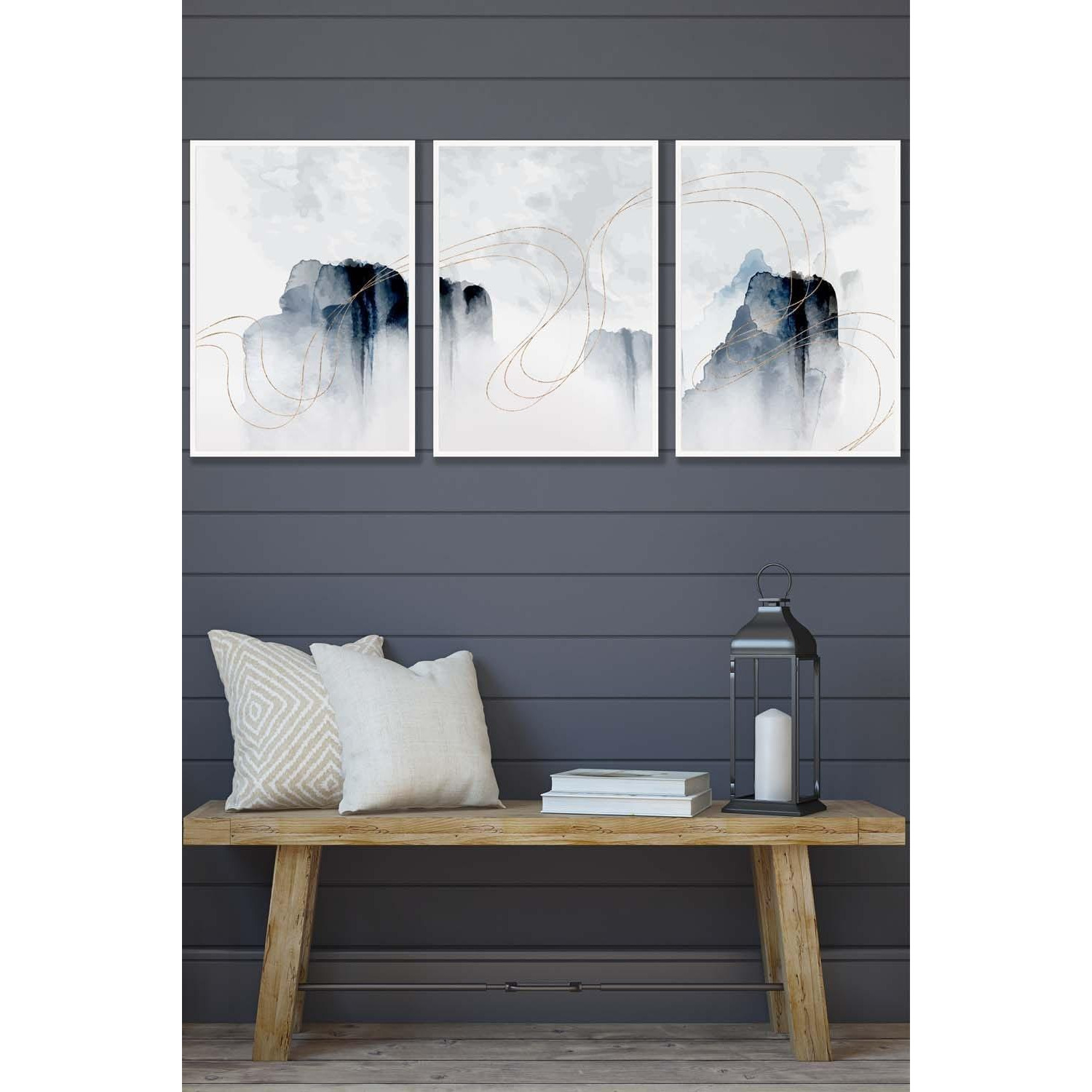 Set of 3 White Framed Abstract Minimal Navy and White Cliffs Wall Art - image 1