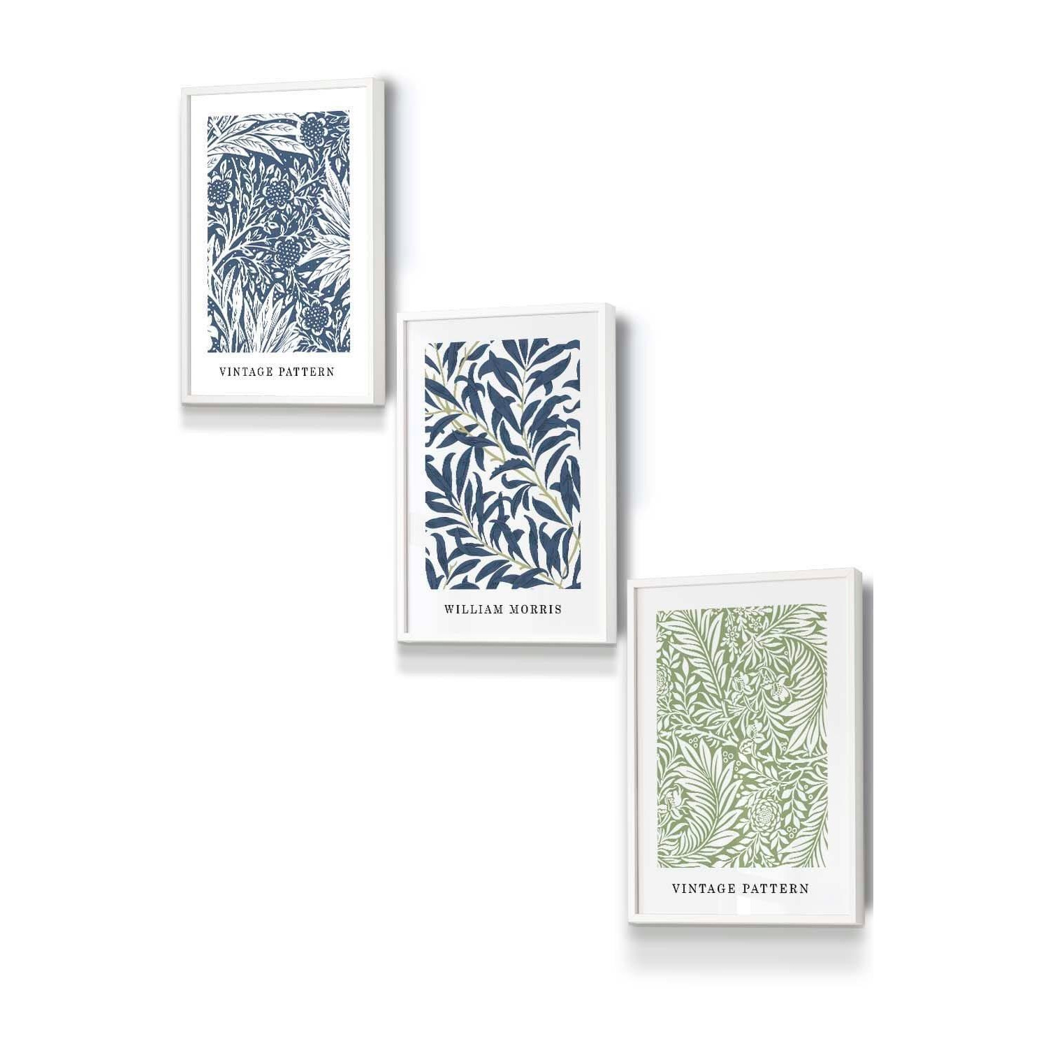 Set of 3 White Framed Blue & Green William Morris Vintage Floral Wall Art - image 1