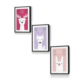 Scandi Nursery Forest Animals Pink Lilac Framed Wall Art - Small