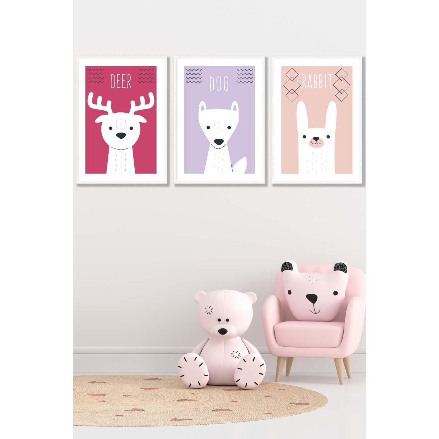 Scandi Nursery Forest Animals Pink Lilac Framed Wall Art - Medium - image 1