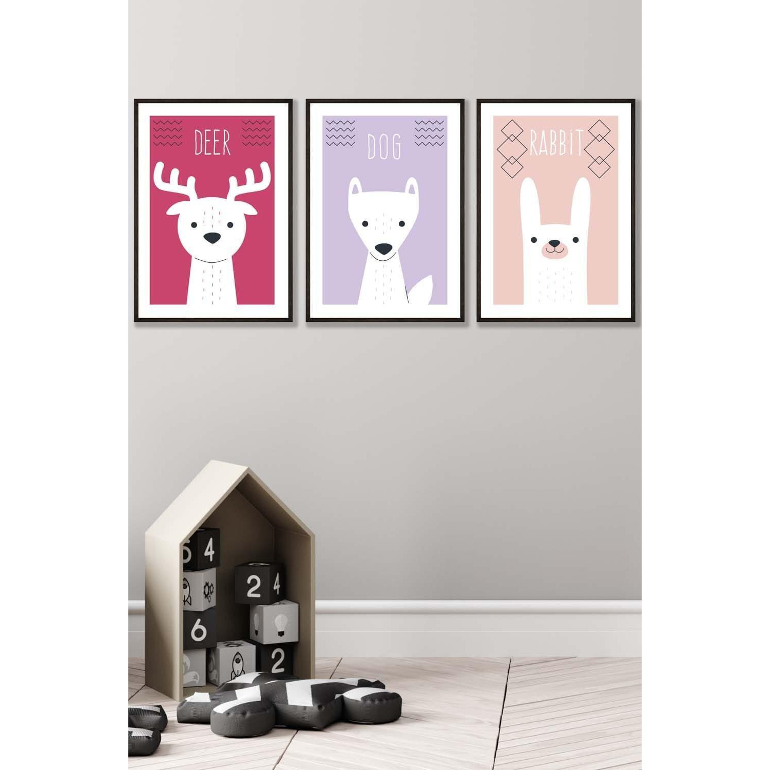 Scandi Nursery Forest Animals Pink Lilac Framed Wall Art - Large - image 1