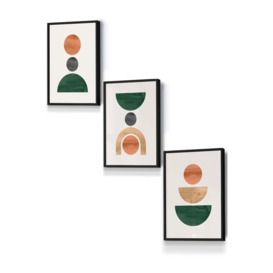 Set of 3 Black Framed Mid Century Graphical Shapes in Green Orange Yellow Wall Art