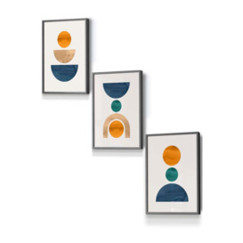 Set of 3 Dark Grey Framed Mid Century Graphical Shapes in Navy Blue Orange Wall Art - thumbnail 1