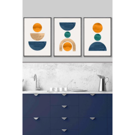 Set of 3 Dark Grey Framed Mid Century Graphical Shapes in Navy Blue Orange Wall Art