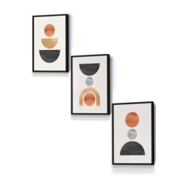 Set of 3 Black Framed Mid Century Graphical Shapes in Black, Grey, Orange Wall Art