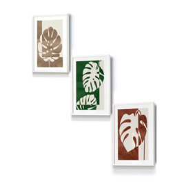 Set of 3 White Framed Mid Century Monstera in Beige and Green Wall Art