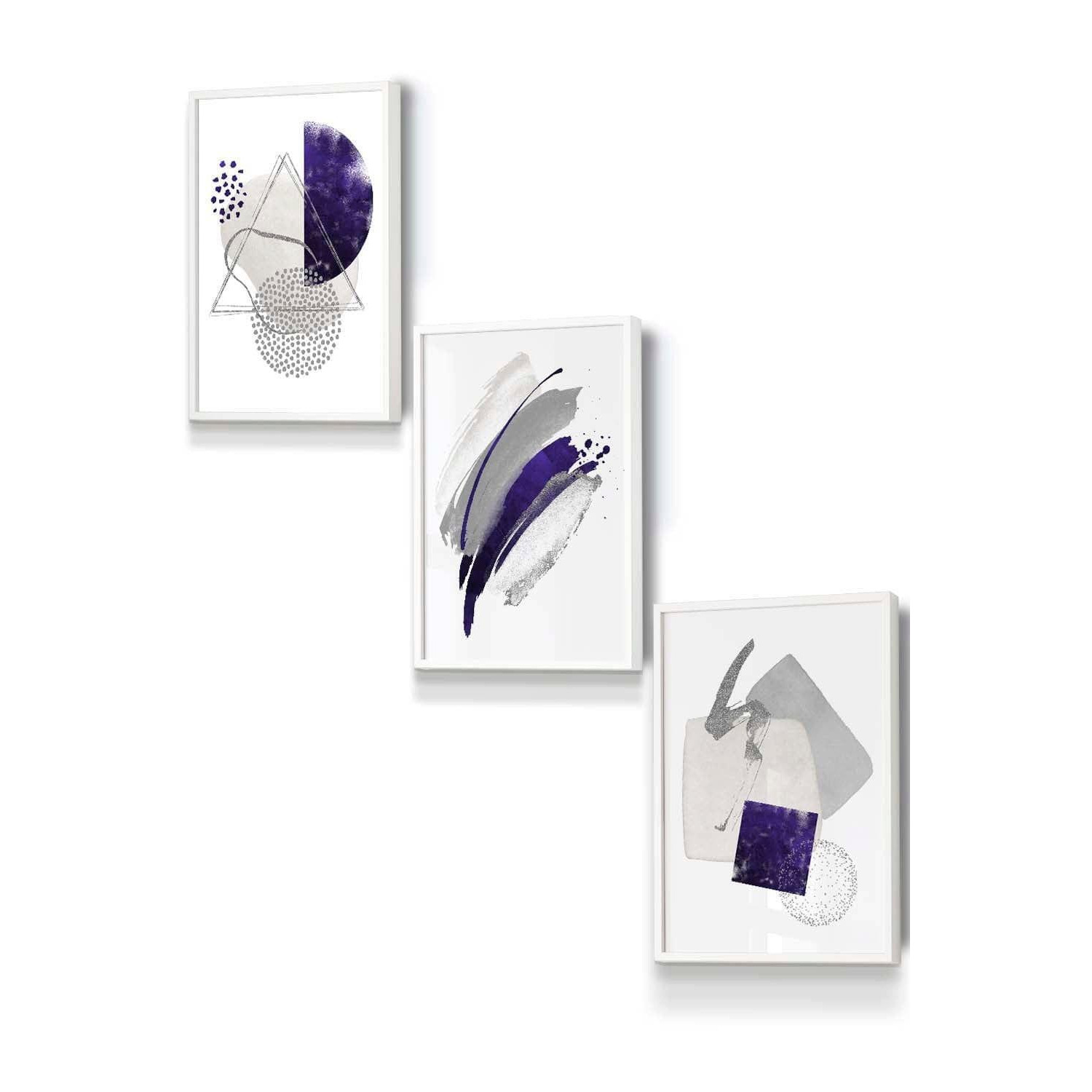 Set of 3 White Framed Abstract Purple Silver Watercolour Shapes Wall Art - image 1