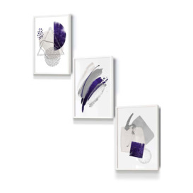 Set of 3 White Framed Abstract Purple Silver Watercolour Shapes Wall Art - thumbnail 1