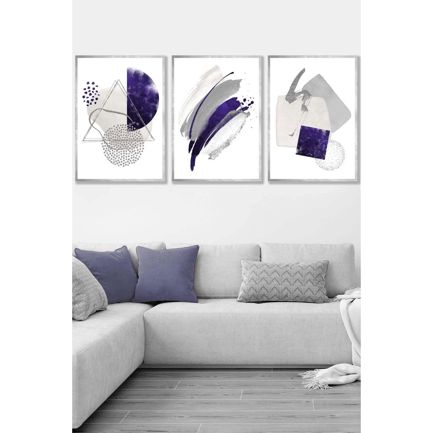 Set of 3 Silver Framed Abstract Purple Silver Watercolour Shapes Wall Art - image 1